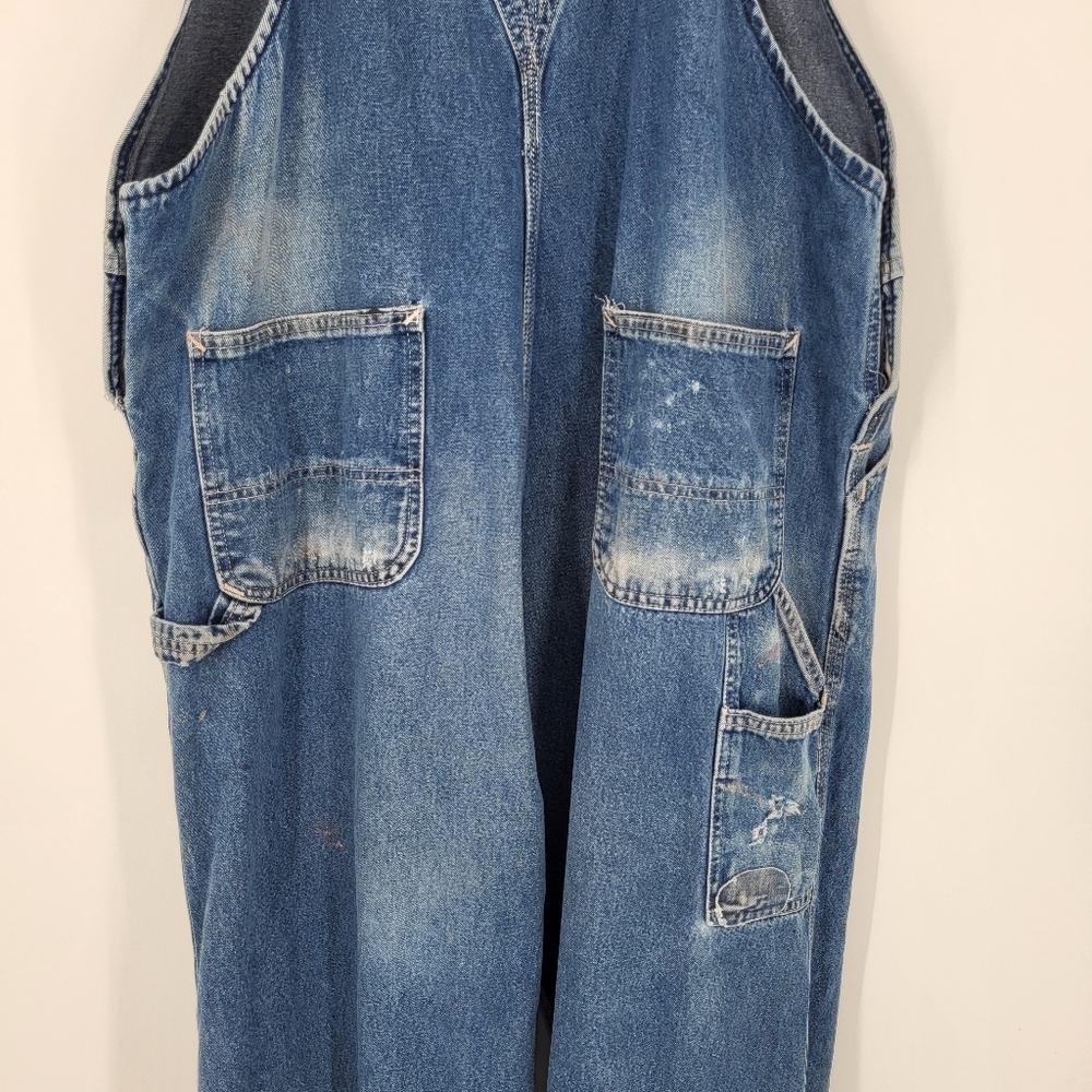 Vintage 90s Carhartt Loose Fit Denim Overalls Work Worn Distressed Blue 42 x 30 - Picture 9 of 15